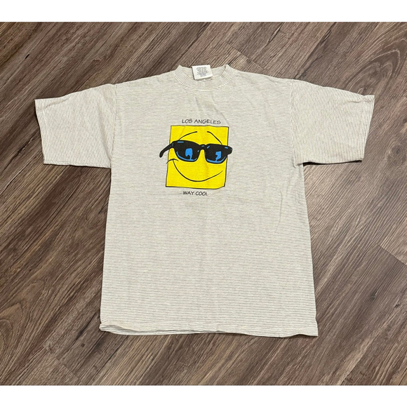 Bugle Boy Other - Vintage 90s Bugle Boy Men’s Smiley Face Los Angeles White/Gray Striped Tee Sz M